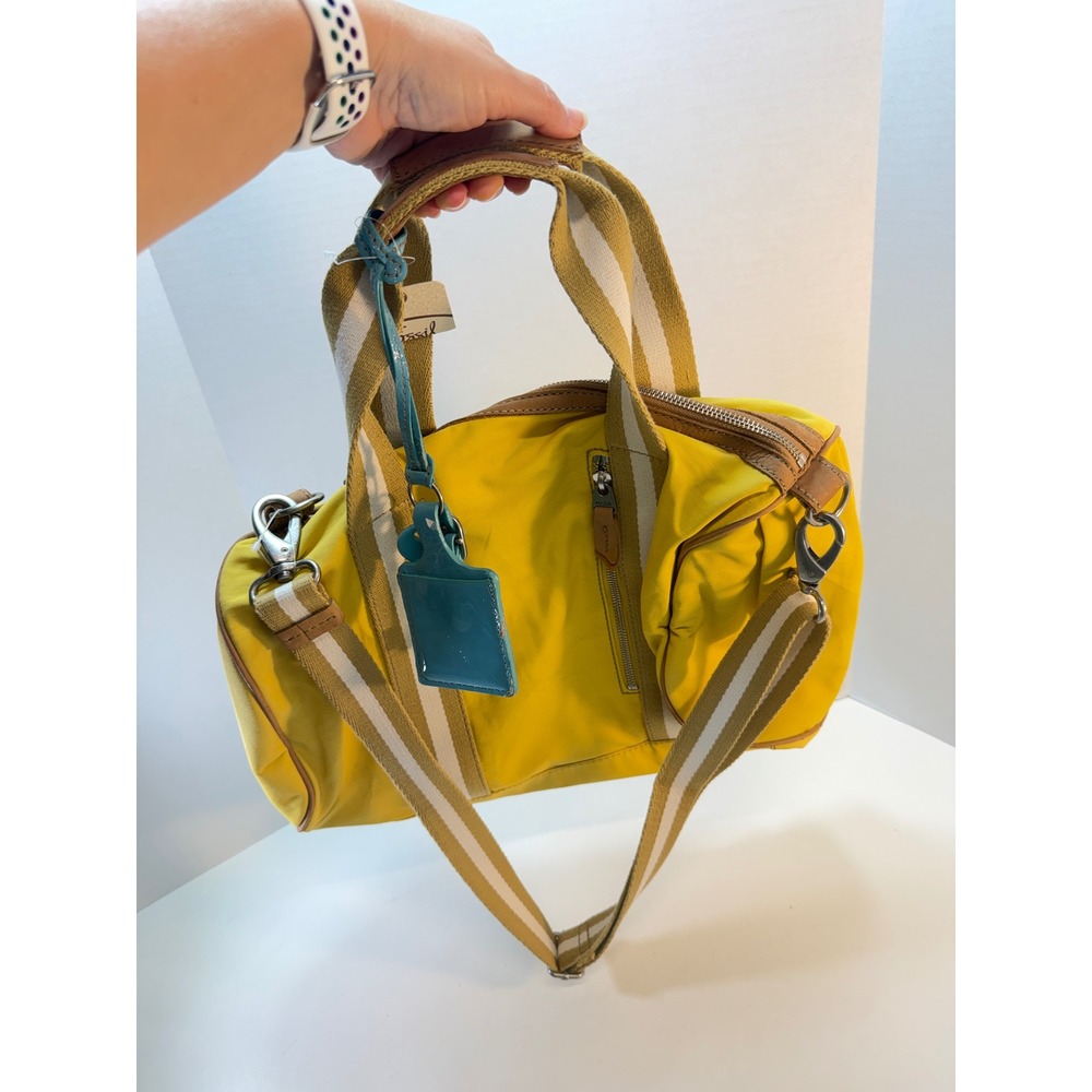 Fossil Key Per Duffle Satchel Yellow Nylon Leather Trim Crossbody Bag